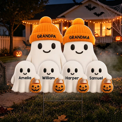 Personalized Shaped Yard Sign, Cute Ghost Family Trick-or-Treating Decor, Unique Halloween Gift for Grandparents