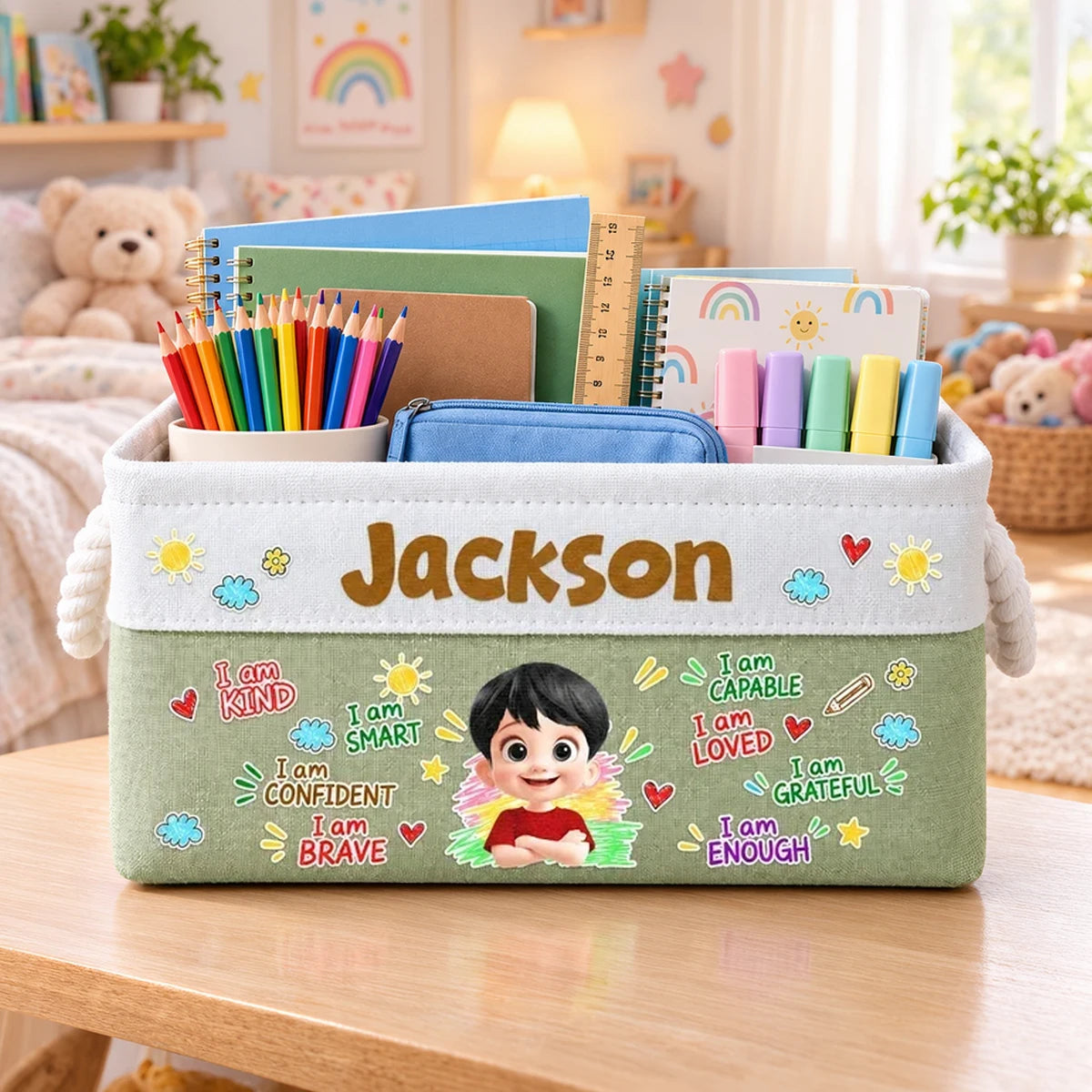 Personalized Rope Basket with Smiling Child Affirmations, Unique Gift for Grandson or Granddaughter