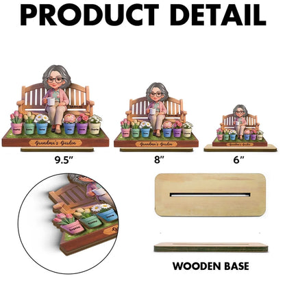 Personalized 2-Layer Wooden Plaque Grandma's Garden Bench Scene for Grandma, Sweet Family Keepsake Gift