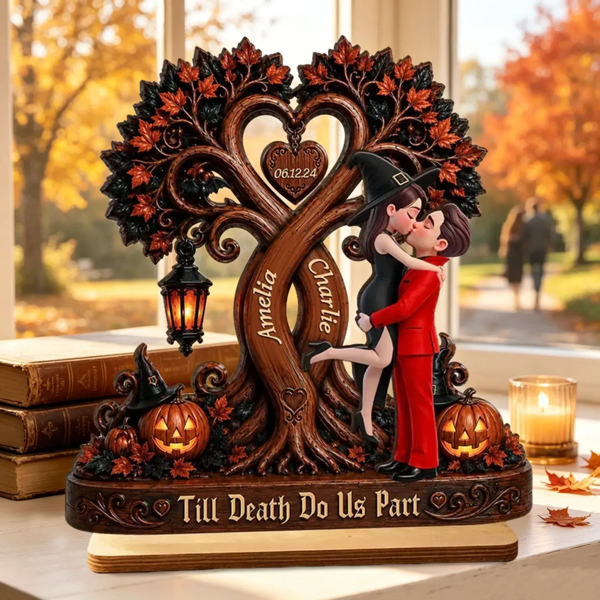 Personalized 2-Layer Wooden Plaque, Kissing Couple Under Halloween Tree, Unique Gift for Couple