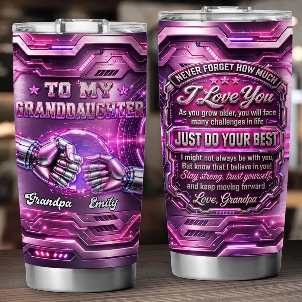 Personalized Insulated Travel Tumbler, Clasped Robot Hands, Unique Motivational Gift for Granddaughter