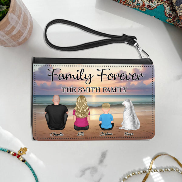 Family Forever Beach Design - Personalized Women's Wallet, Wooden Carhanger, LED Plaque, Keychain, Poster, Wallet Card, and Pillow, Unique Gift