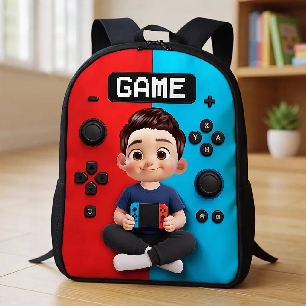 Personalized Kids School Backpack, Red and Blue Cartoon Gamer Boy Holding a Controller, Creative Gift for Young Gamers