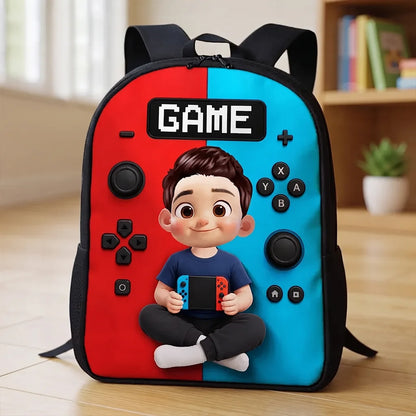 Personalized Kids School Backpack, Red and Blue Cartoon Gamer Boy Holding a Controller, Creative Gift for Young Gamers