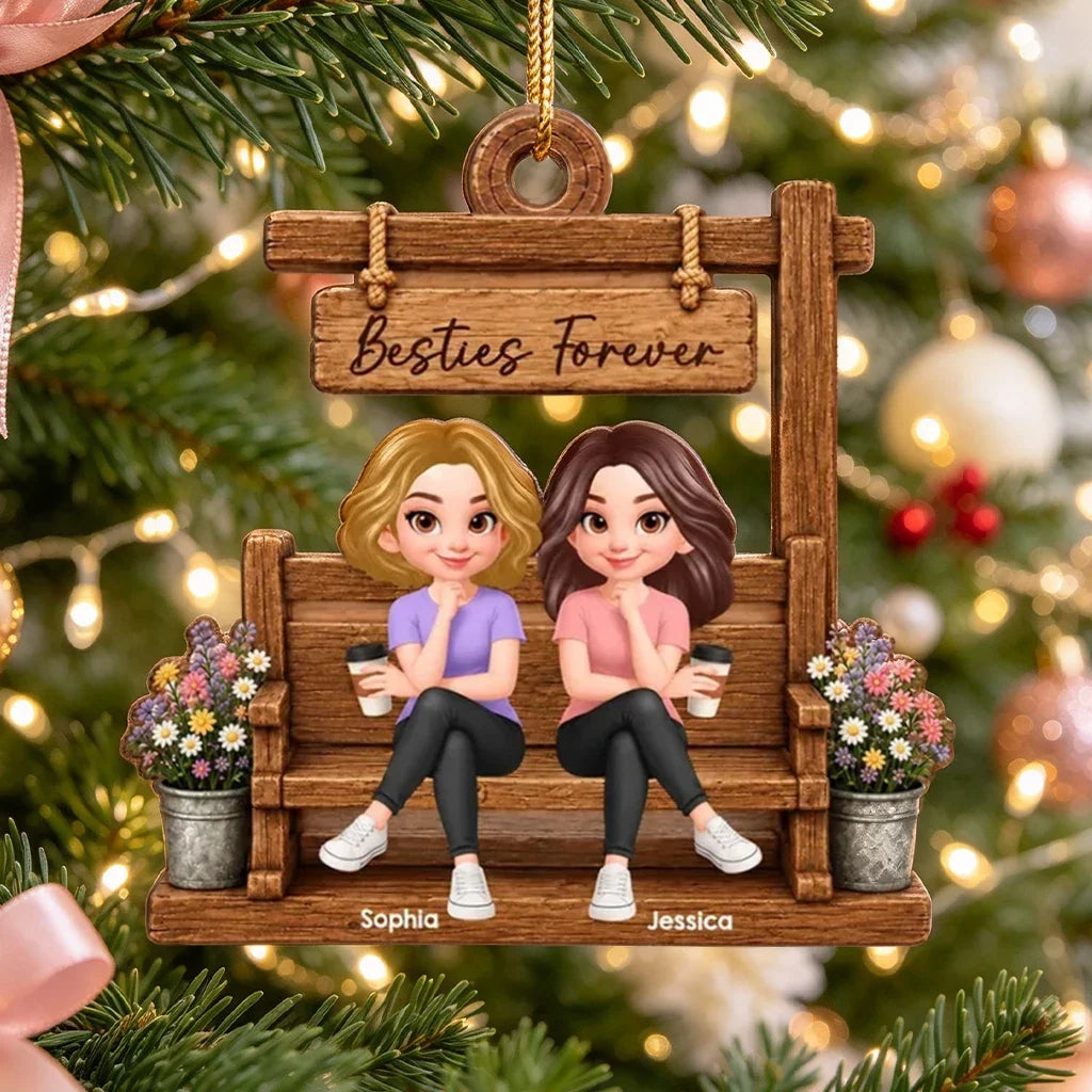 Personalized 2-Layer Wooden Plaque, Cartoon Friends Sharing Coffee on a Garden Bench, Unique Gift for Her