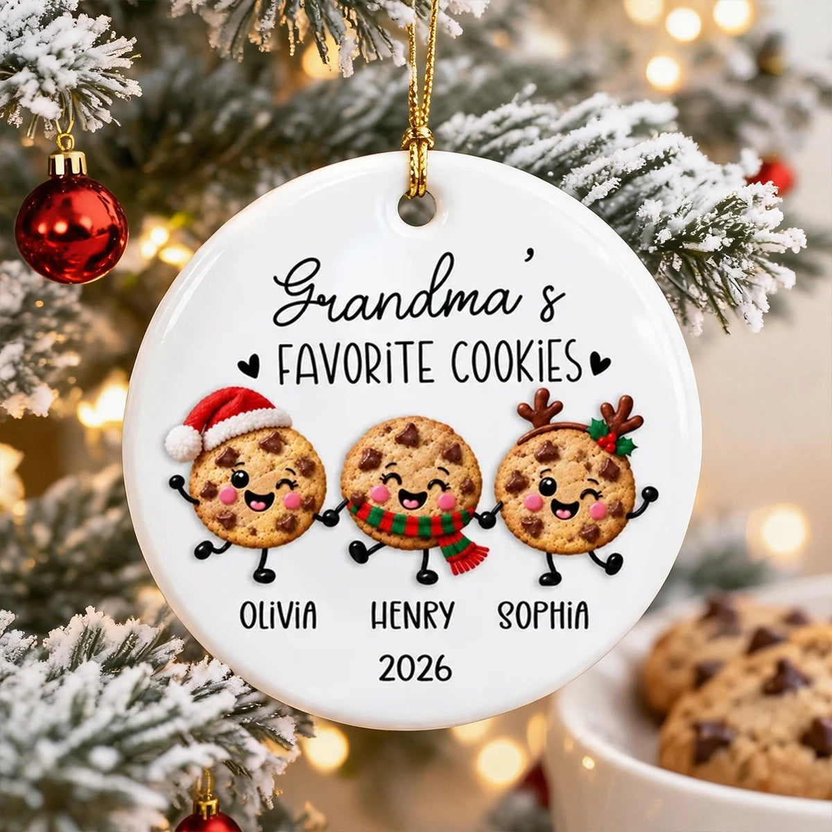 Personalized Ceramic Ornament with Cookies Holding Hands, Unique Christmas Tree Gift for Grandma