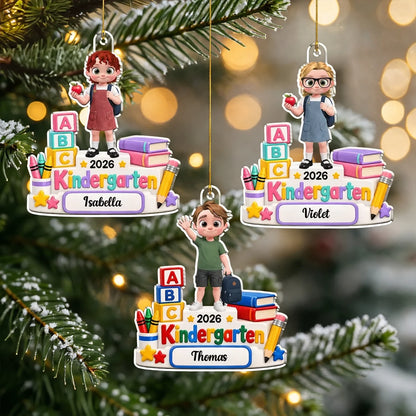 Personalized Acrylic Ornament, Child with Apple & Backpack, Kindergarten Scene, Unique Creative Gift for Kids