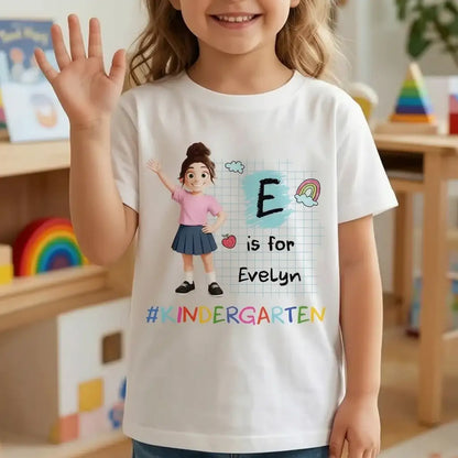 Personalized Youth Tee with Waving School Girl, Kindergarten Letter Design, Unique Gift for Kids