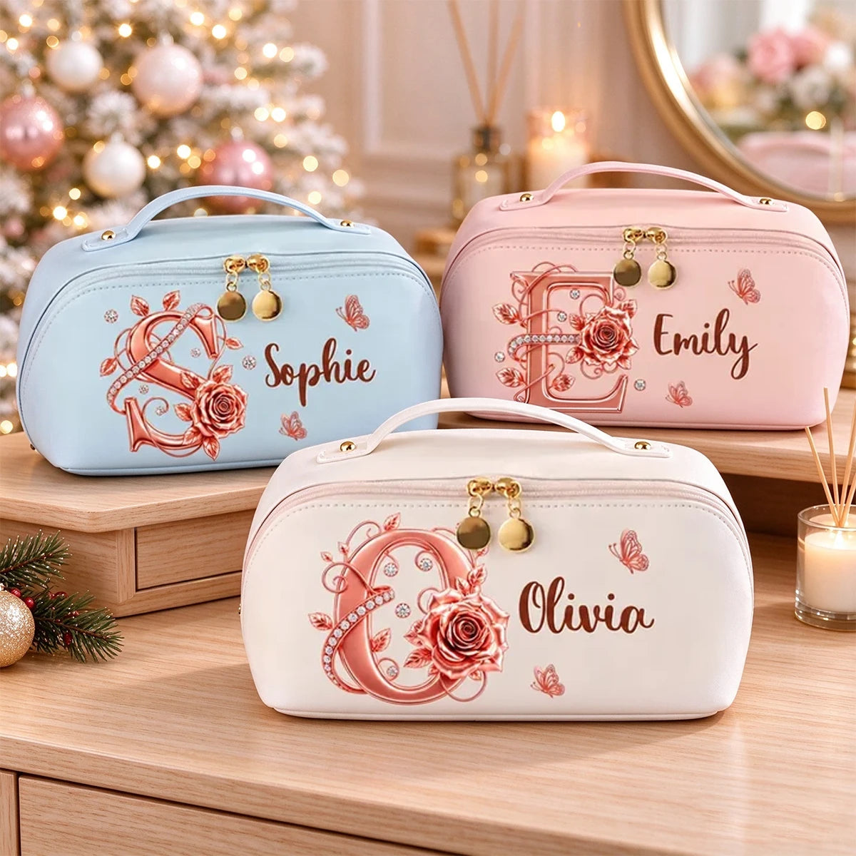 Personalized Leather Makeup Bag, Blush Rose and Butterfly Design, Unique Gift for Her