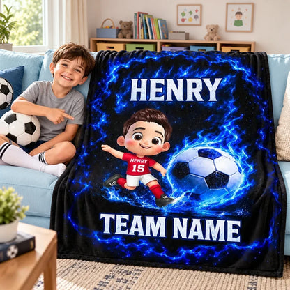 Personalized Fleece Blanket, Electric Blue Cartoon Child Kicking a Soccer Ball, Unique Gift for Young Players