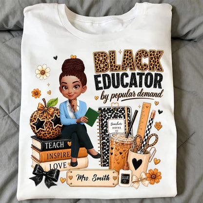 Personalized Black Educator Classic Tee, Cute Teacher Illustration, Unique Back to School Gift
