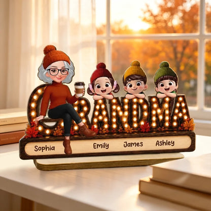 Personalized Wooden Plaque, Grandma with Grandkids Leaning on Marquee Letters, Creative Heartfelt Gift for Grandma