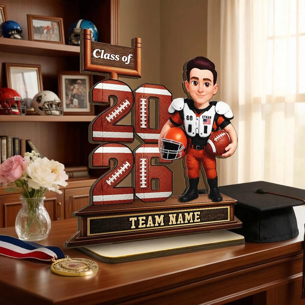 Custom Football Player 2-Layer Wooden Plaque Class of Gift for Son or Daughter, Heartfelt Senior Night Style Memory