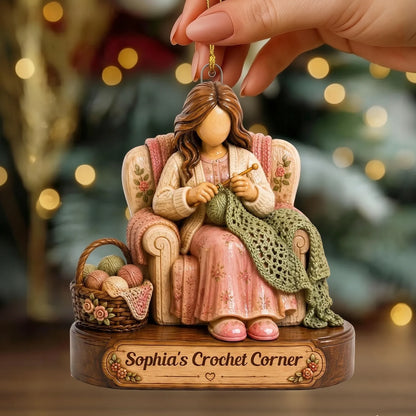 Personalized Acrylic Ornament with Woman Crocheting, Unique Christmas Gift for Yarn Lovers