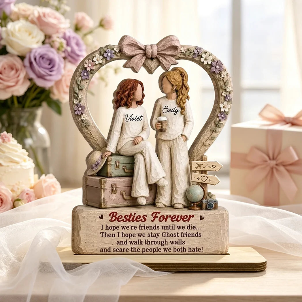 Besties Forever 2-Layer Wooden Plaque, Personalized Floral Heart with Friends Sitting Together, Creative Gift for Best Friend