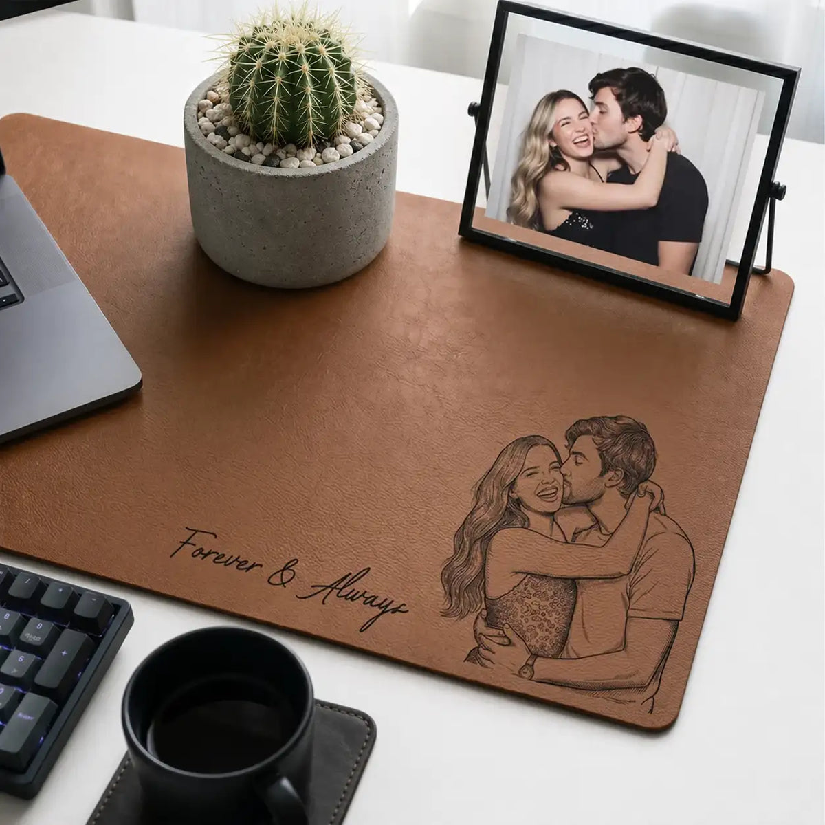 Personalized Leather Desk Mat With Couple Line Art, Unique Anniversary Gift For Him & Her