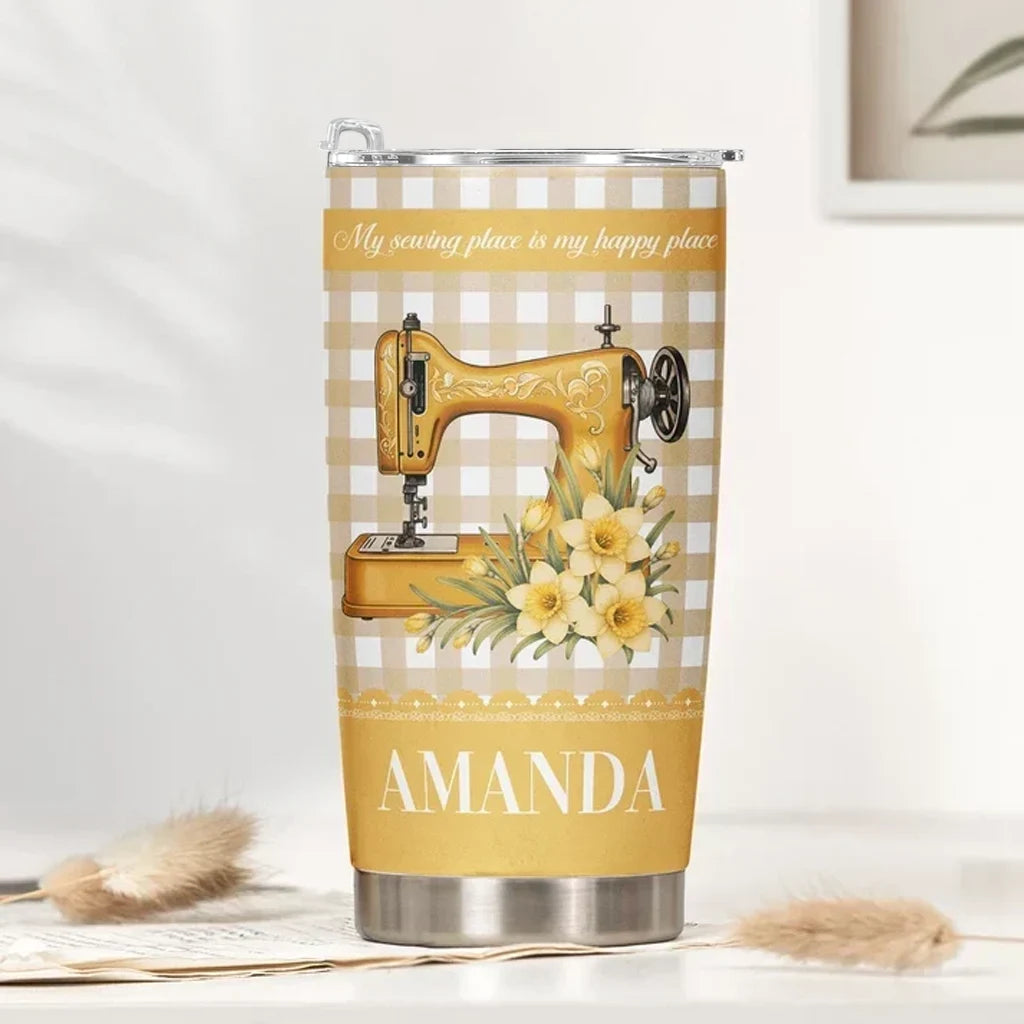 Personalized Insulated Travel Tumbler, Purple Floral Sewing Machine, Unique Gift for Sewing Lovers