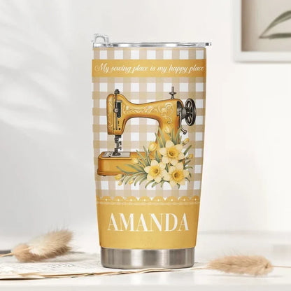 Personalized Insulated Travel Tumbler, Purple Floral Sewing Machine, Unique Gift for Sewing Lovers