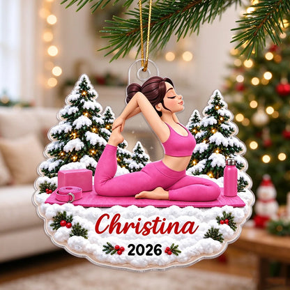 Personalized Acrylic Ornament, Pink Yoga Woman with Snowy Christmas Trees, Unique Gift for Yoga Lovers