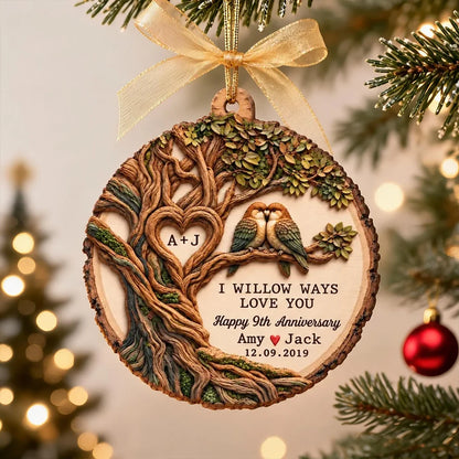 Personalized Wooden Ornament with Willow Tree and Paired Birds, Unique Anniversary Gift for Couples