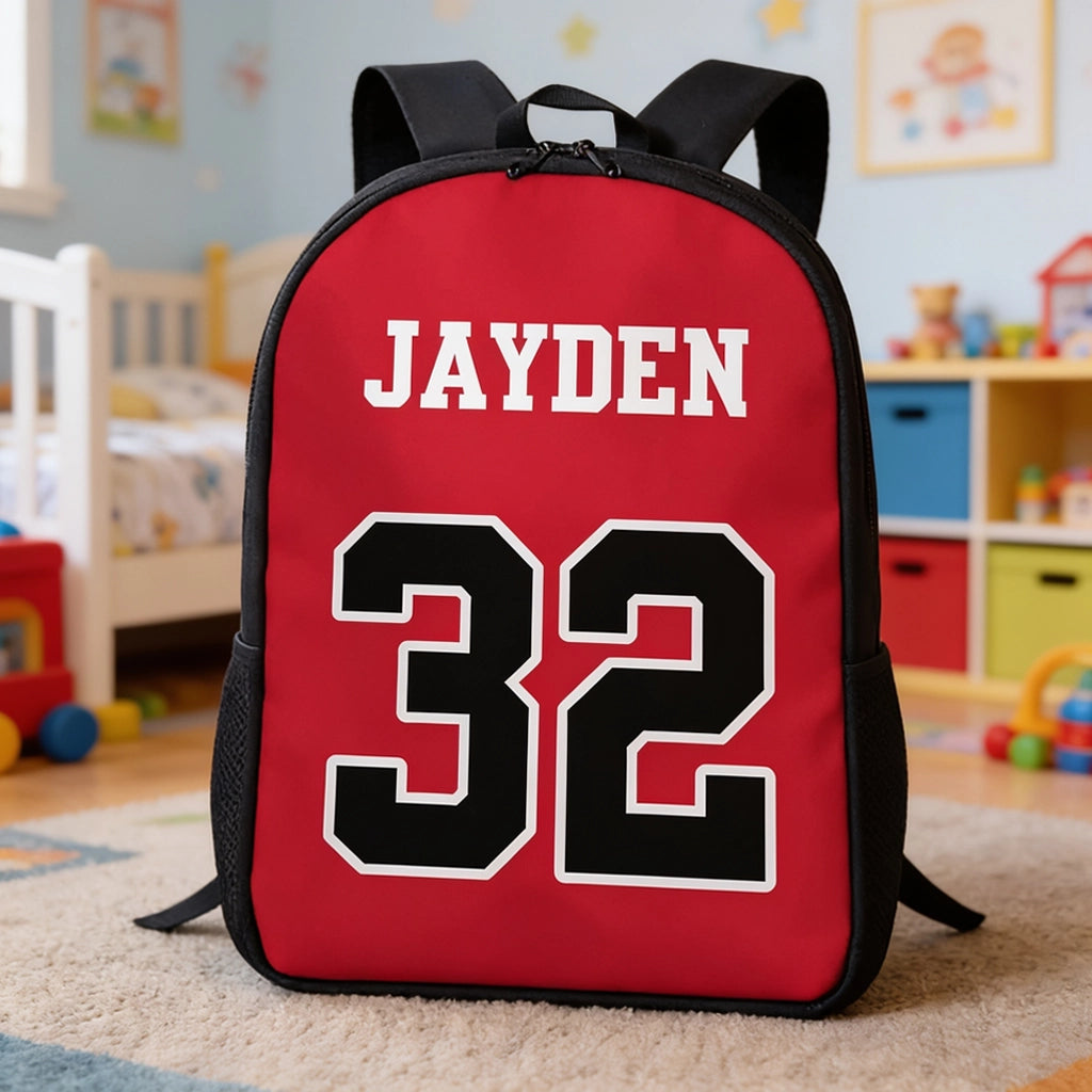 Personalized Kids School Backpack, Red Basketball Jersey Style, Unique Gift for Young Sports Fans