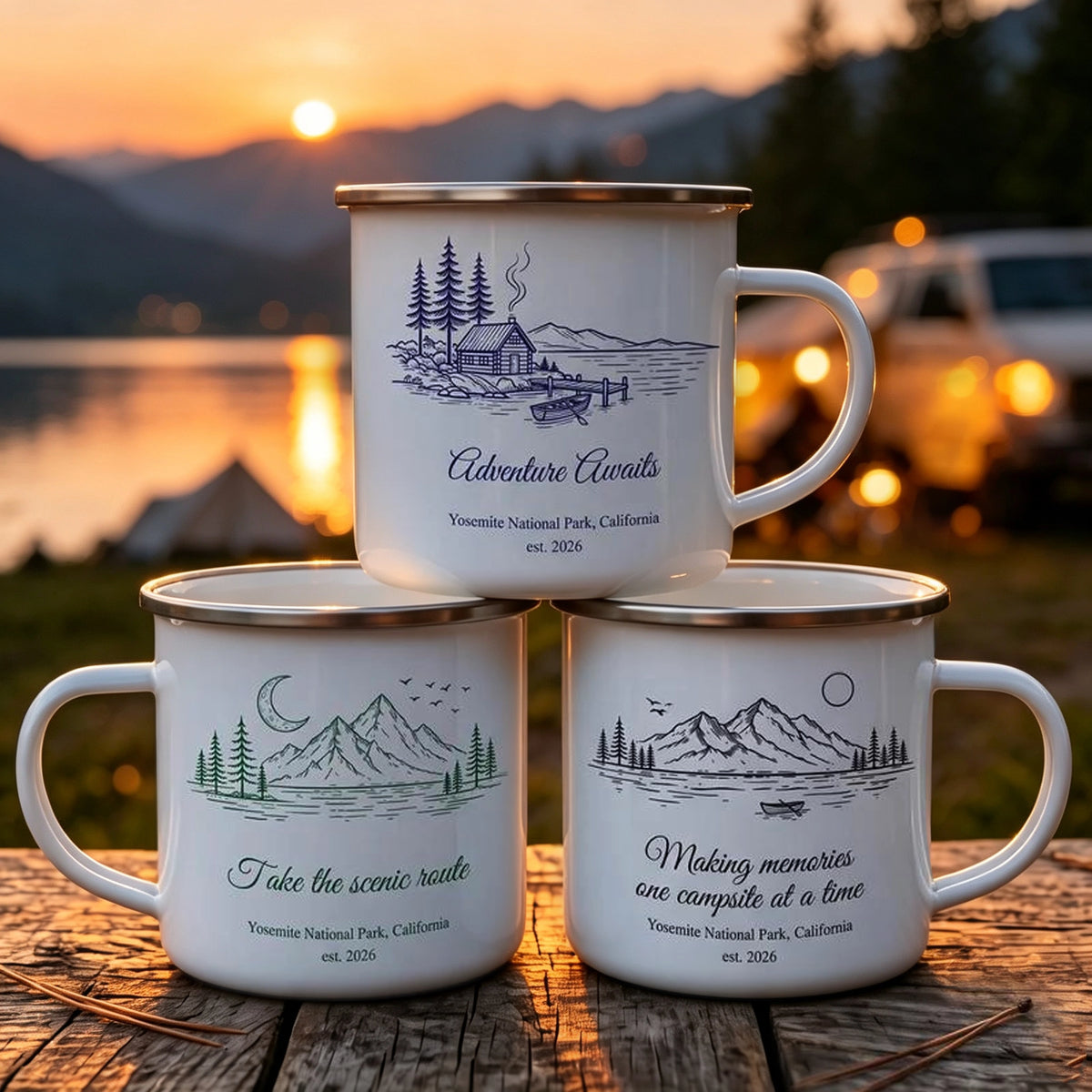 Personalized Enamel Mug, Mountain Camping Scene, Adventure Awaits, Unique Gift for Campers