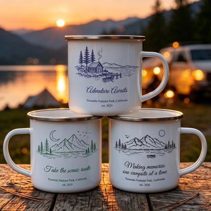 Personalized Enamel Mug, Mountain Camping Scene, Adventure Awaits, Unique Gift for Campers