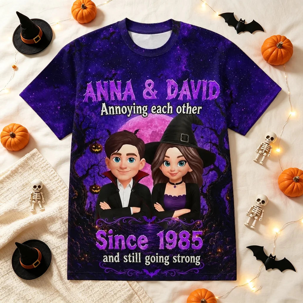 Personalized Printed Classic Tee, Halloween Couple with Arms Crossed Under a Full Moon, Unique Gift