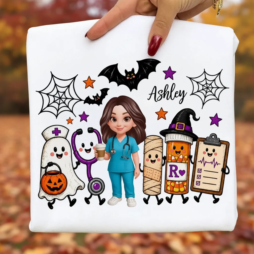 Classic Tee with Personalized Halloween Nurse Holding Coffee, Playful Medical Art, Creative Gift for a Nurse