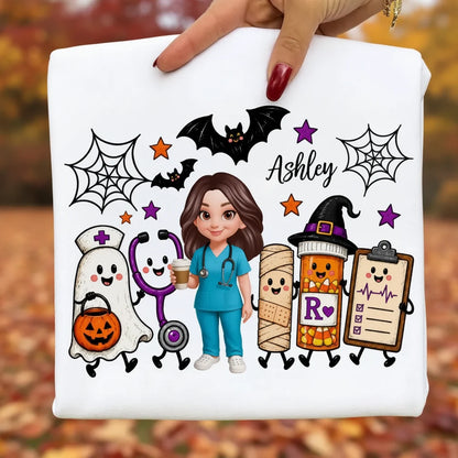 Classic Tee with Personalized Halloween Nurse Holding Coffee, Playful Medical Art, Creative Gift for a Nurse