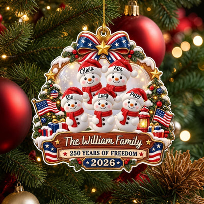 Custom USA Flag Snowman Family Ornament, Personalized Acrylic Christmas Keepsake for Your Family