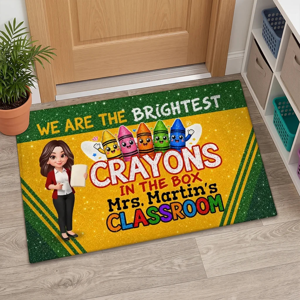Personalized Standard Doormat, Teacher Holding Papers & Colorful Crayons, Unique Classroom Gift