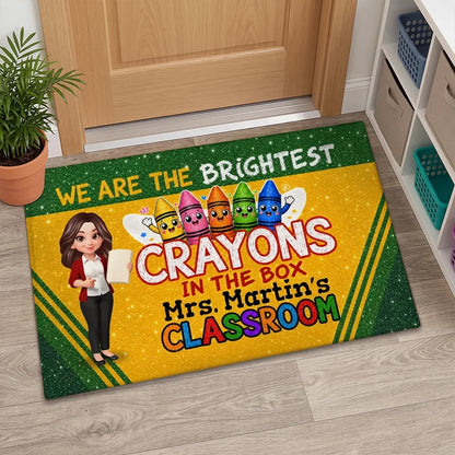 Personalized Standard Doormat, Teacher Holding Papers & Colorful Crayons, Unique Classroom Gift