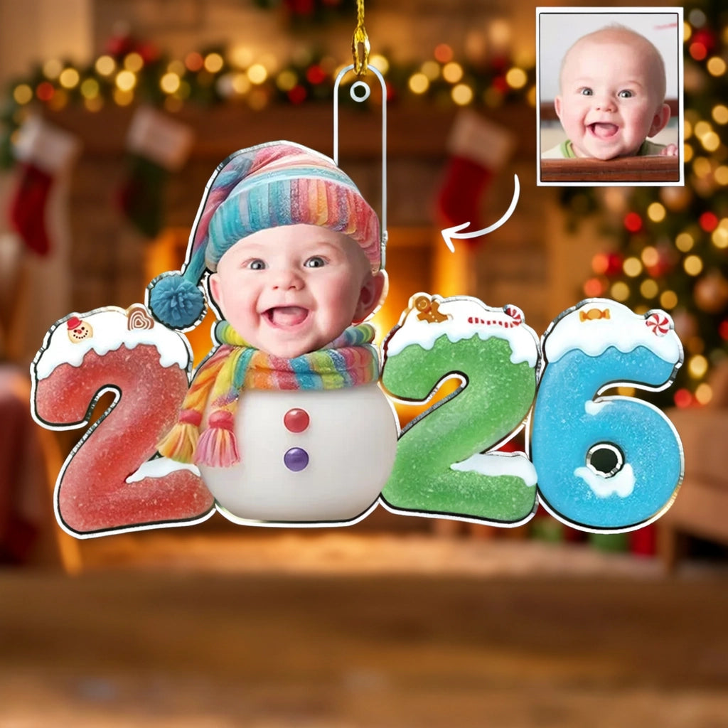 Personalized Acrylic Ornament with Smiling Baby Snowman, Colorful Christmas Decor, Unique Gift for New Parents