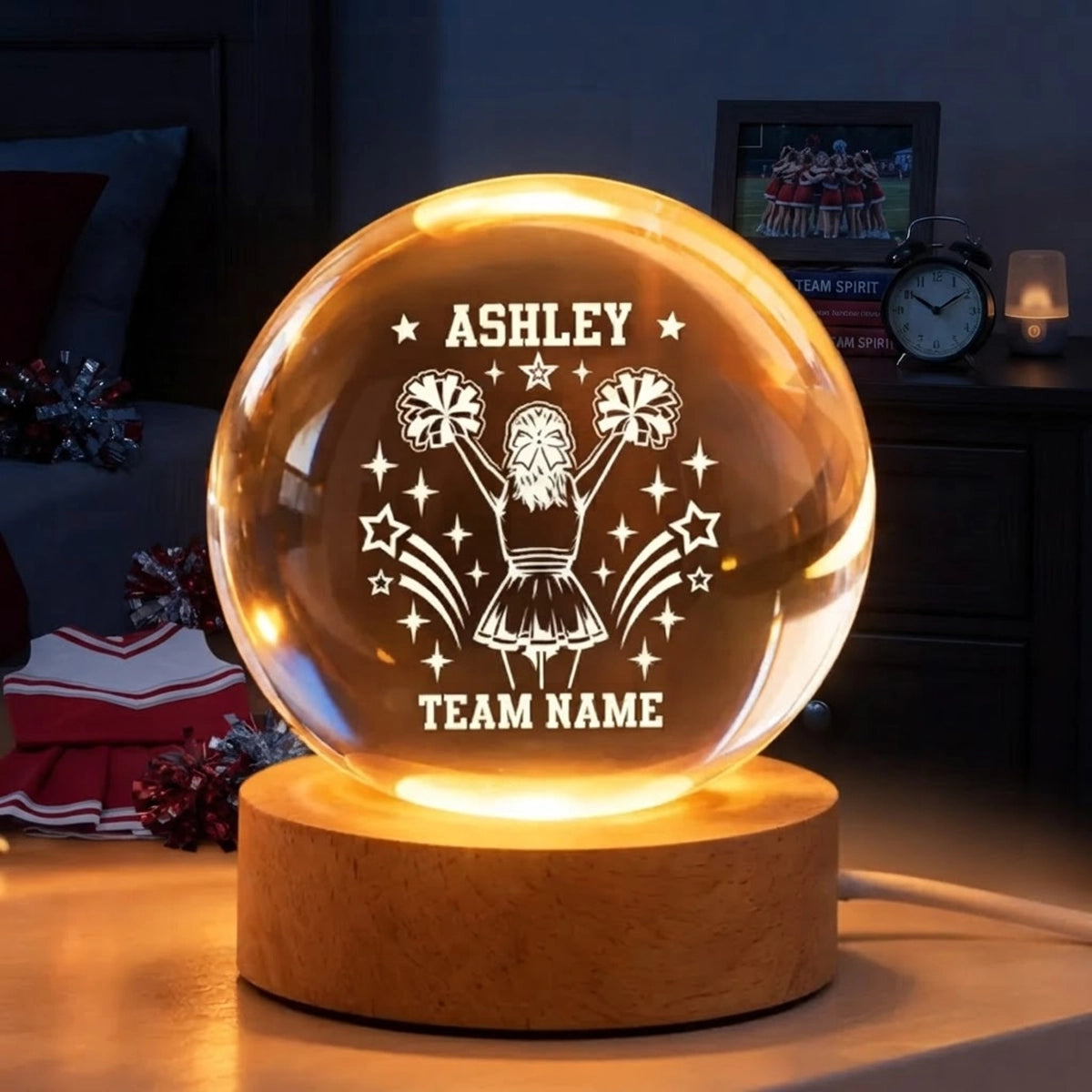 Personalized Globe Lamp with Cheerleader Raising Pom-Poms and Stars, Creative Gift for Daughter