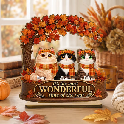 Personalized 2-Layer Wooden Plaque with Cats Under Autumn Leaves, Unique Creative Gift for Cat Lovers