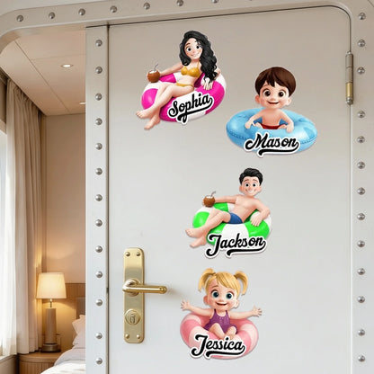 Personalized Acrylic Magnet, Vibrant Pool Float Cartoon for Cruise Cabin Door Decor, Unique Family Travel Gift
