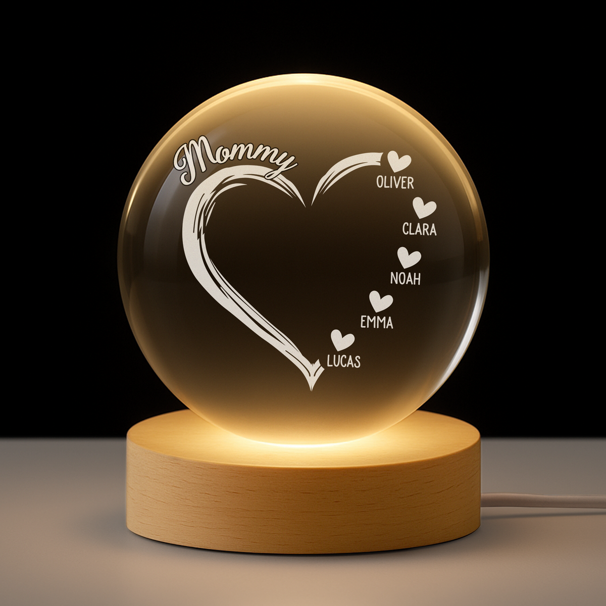Custom Mommy Globe Lamp with Heart and Names, Warm Ambient Light for Bedroom or Living Room, Meaningful Keepsake Gift