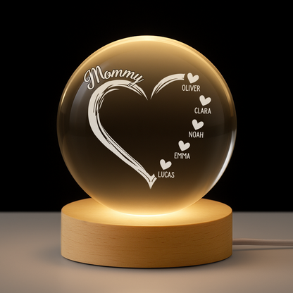 Custom Mommy Globe Lamp with Heart and Names, Warm Ambient Light for Bedroom or Living Room, Meaningful Keepsake Gift