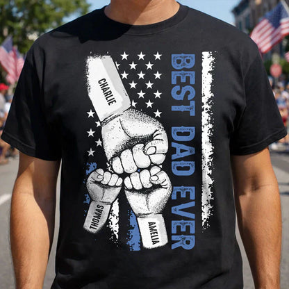 Personalized Classic Tee with Dad & Kids Fist Bump, Flag Style, Unique Gift for Dad