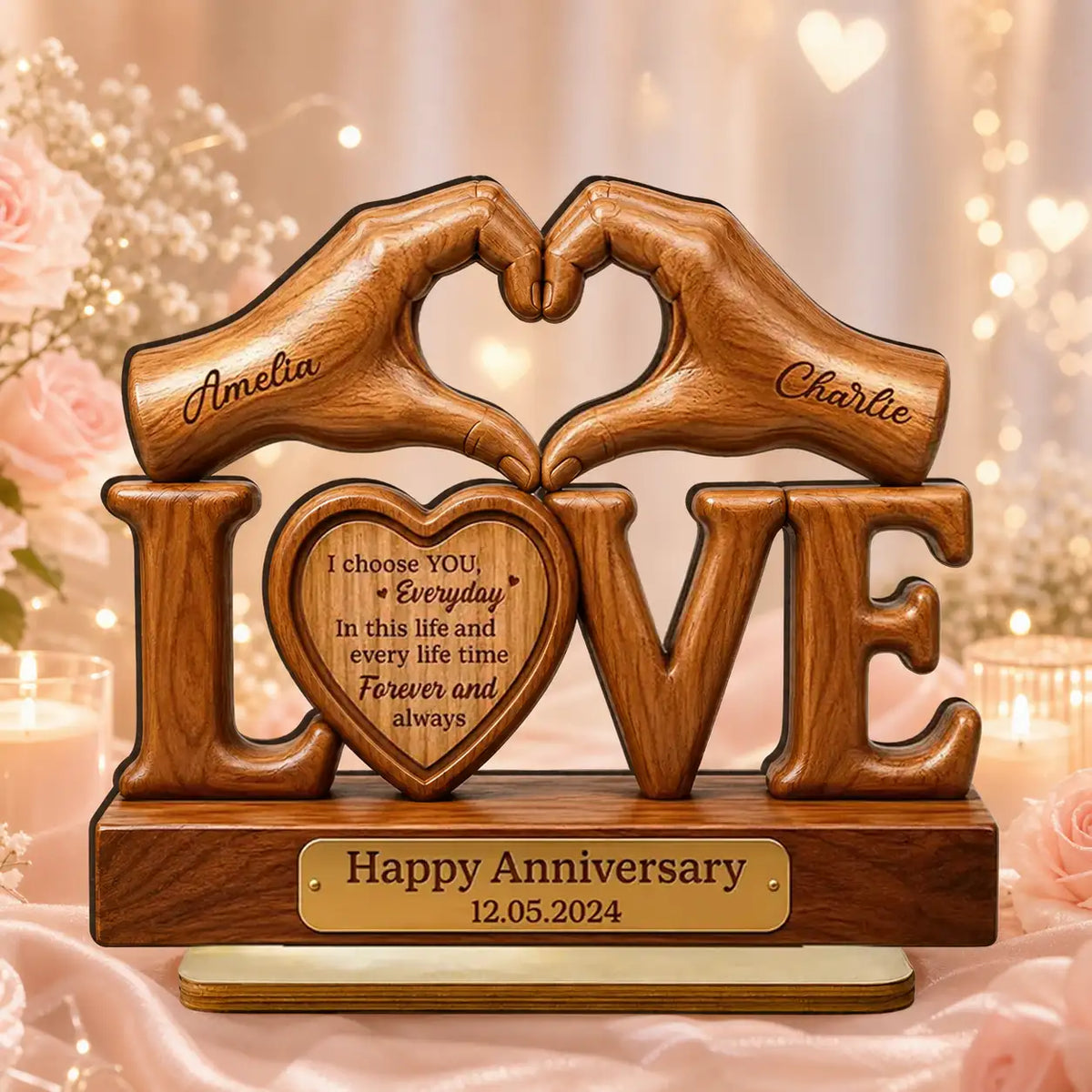 Personalized 2-Layer Wooden Plaque for Couple, Heart Hands Anniversary Unique Creative Gift
