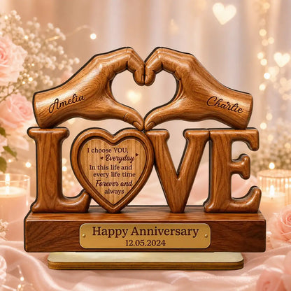 Personalized 2-Layer Wooden Plaque for Couple, Heart Hands Anniversary Unique Creative Gift