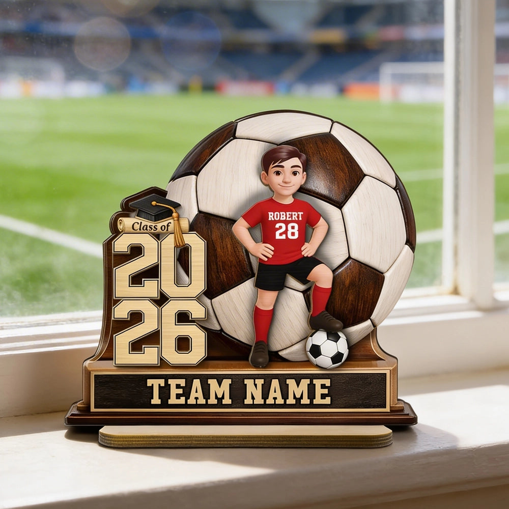 Personalized Soccer Graduation 2-Layer Wooden Plaque for Son or Daughter, Field-Ready Keepsake, Unique Gift