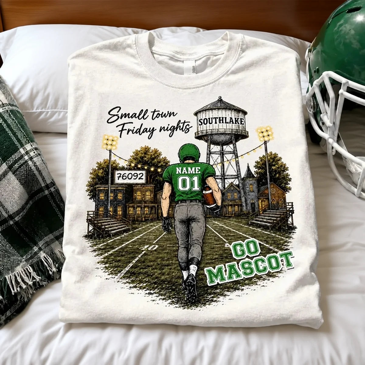 Personalized Classic Tee, Player Walking into a Green & Gold Friday Night Football Scene, Creative Gift for Mom