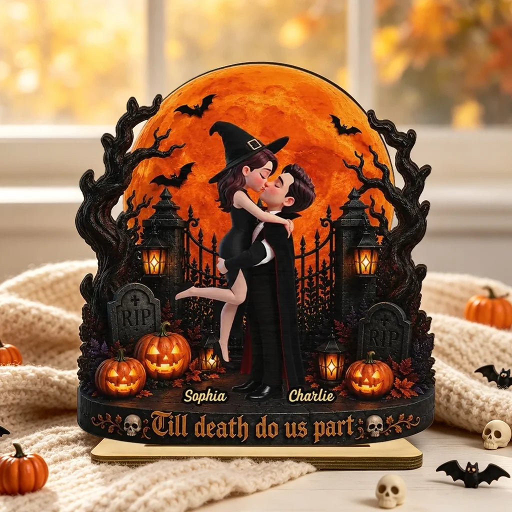 Eternal Love Couple Under Halloween Moon Light - Personalized 2-Layered Wooden Plaque - Halloween Gift For Couple