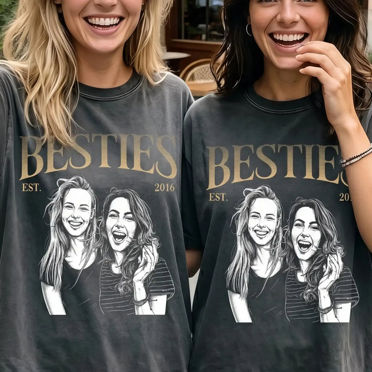 Personalized Classic Tee With Friend Line Art Portraits, Unique Gift For Friends & Everyday Wear