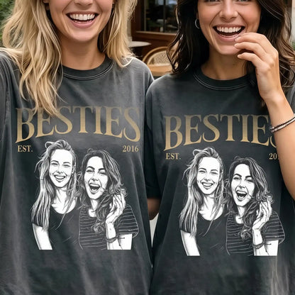 Personalized Classic Tee With Friend Line Art Portraits, Unique Gift For Friends & Everyday Wear