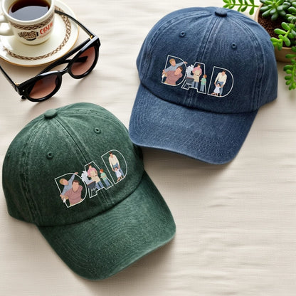 Personalized Washed Denim Baseball Cap With Dad Portrait Art, Unique Father's Day Gift For Dad