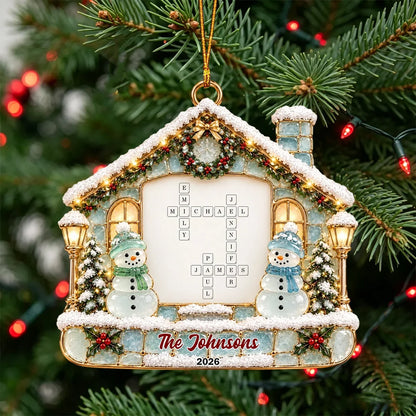 Personalized Acrylic Ornament, Family Name Crossword with Snowmen by a Snowy Cottage, Unique Gift for Family