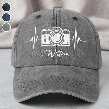 Personalized Unstructured Washed Cotton Cap, Camera Heartbeat Design, Unique Gift for Photographers